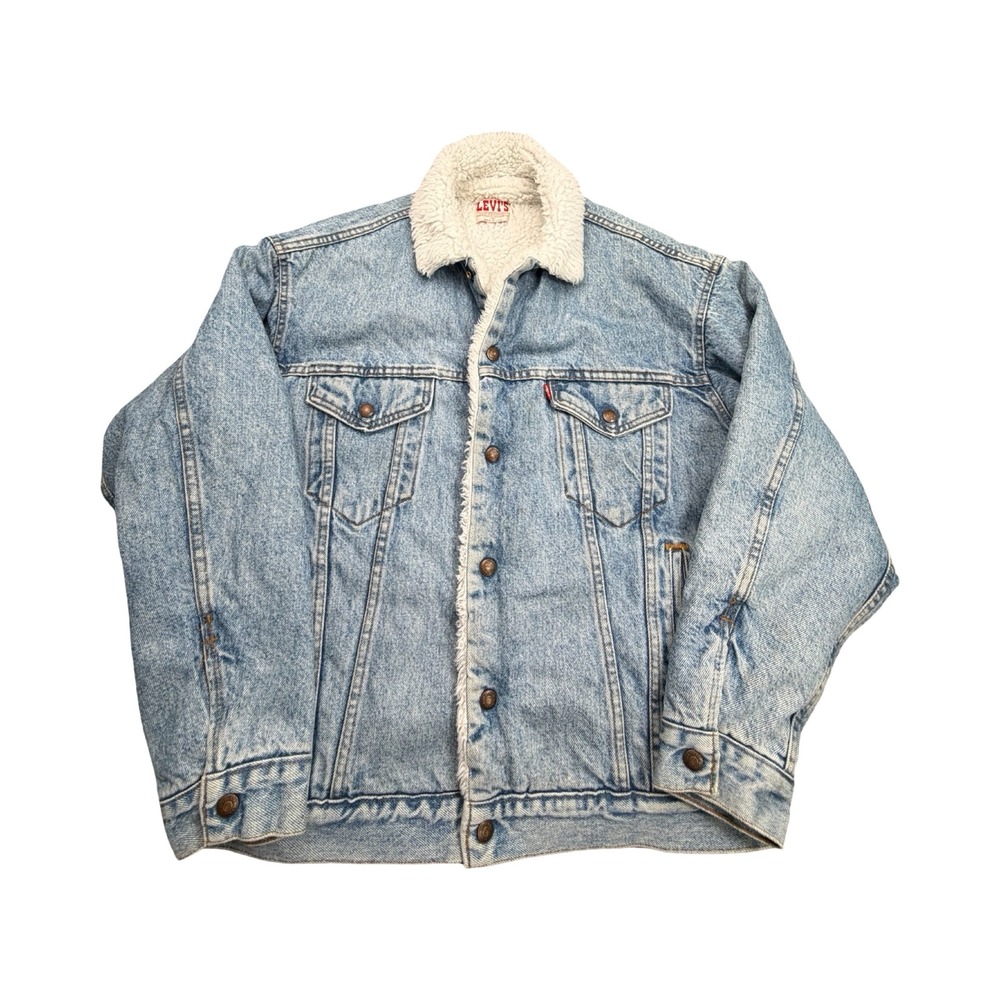 Levis Sherpa Trucker Jacket Mens M Light Blue‎ Acid Wash Vintage Denim USA 80's